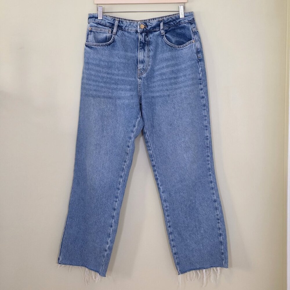 Zara Jeans Womens 12 Blue Straight Leg Cotton Boho Hippie Raw Hem Preppy Denim